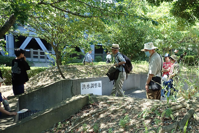 グラウンドの端にある洪水調整池の標示板と洪水吐