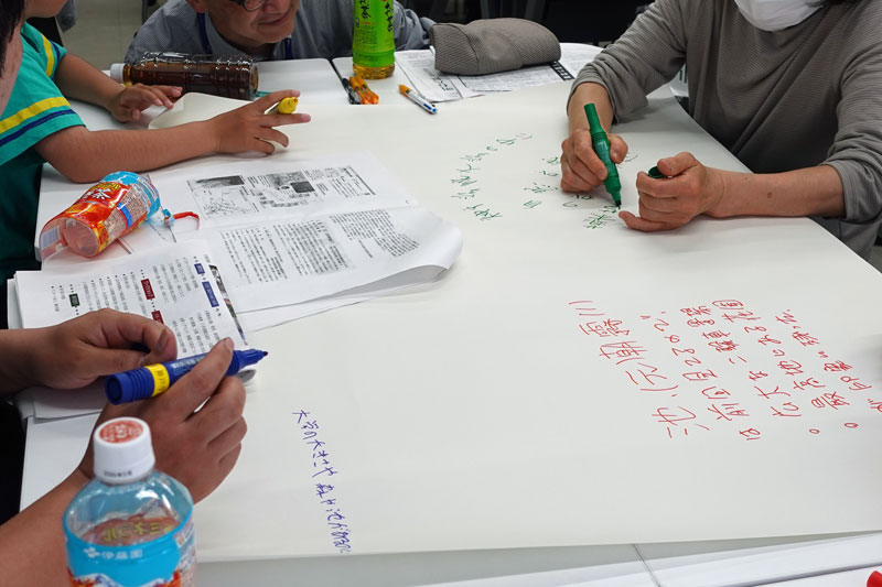 ワークショップでは、さまざまな世代が見学会を通じて感じた思いを模造紙に記し、班ごとに成果として発表しました